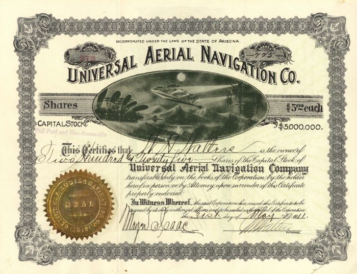 Universal Aerial Navigation Co. - Aviation Stock Certificate - Gyroplane Vignette