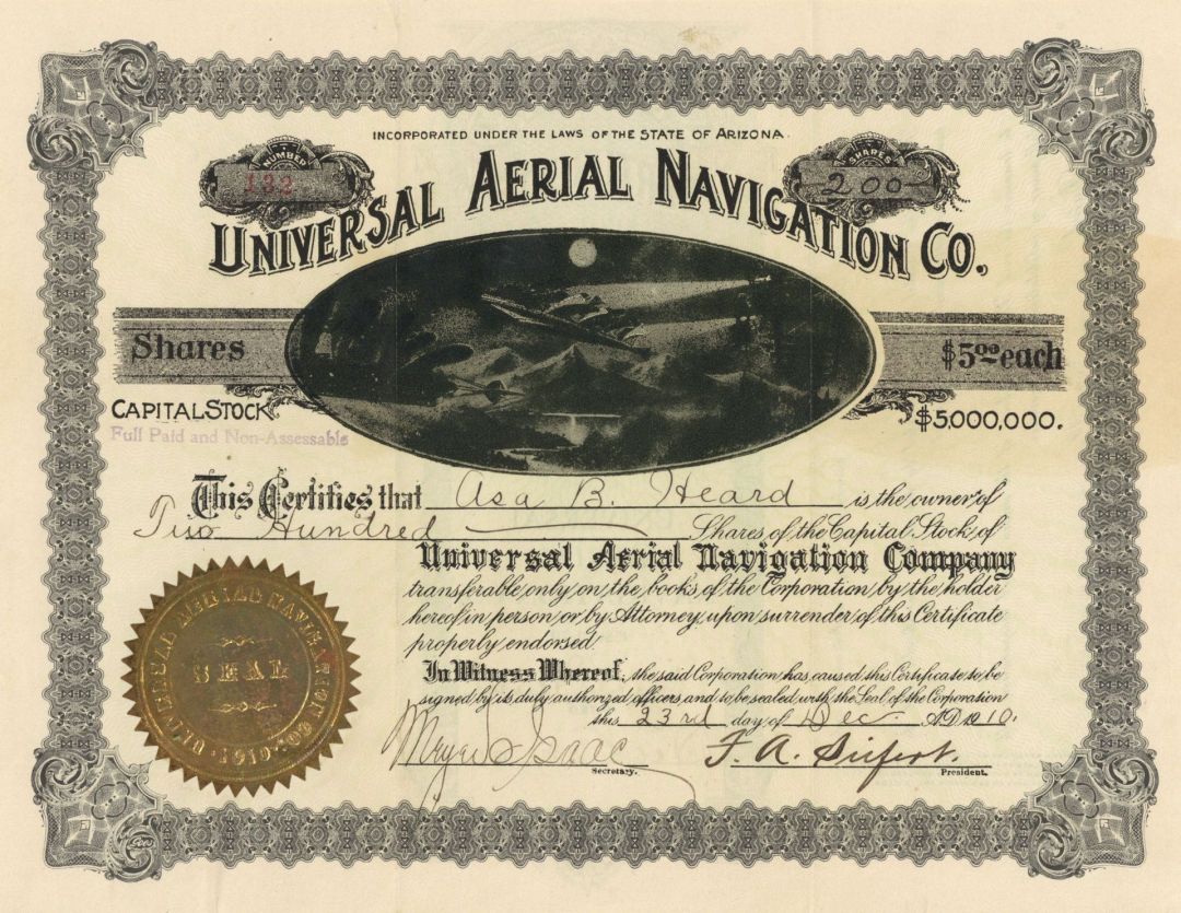 Universal Aerial Navigation Co. - Gorgeous - 1910 dated Aviation Stock Certificate - Gyroplane Vignette