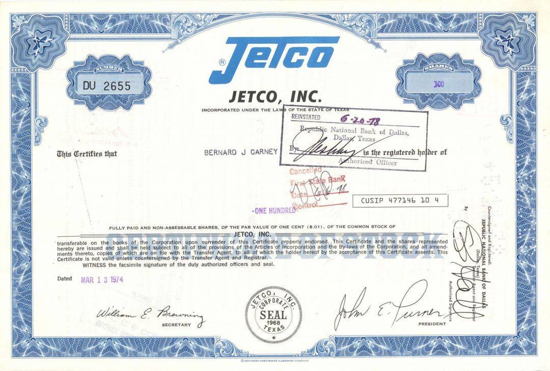 Jetco, Inc. - Stock Certificate