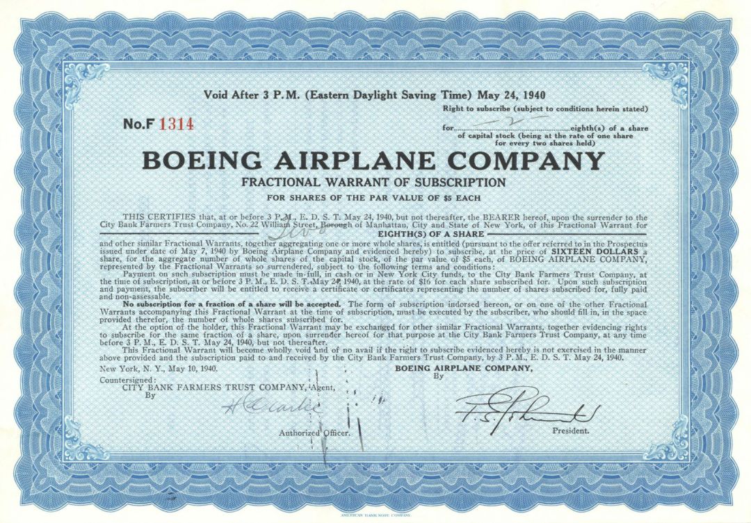 Boeing Airplane Co. - 1940 dated Aviation Stock Certificate - Very Rare