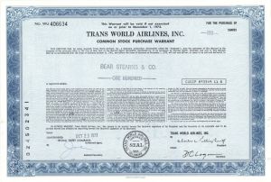 Trans World Airlines, Inc. Issued to Bear Stearns and Co. - 1973 dated Stock Certificate