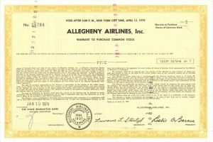 Allegheny Airlines, Inc. - 1974 dated Stock Certificate