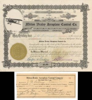 Mioon Braley Aeroplane Control Co. Stock and Receipt  - 1922 dated Stock Certificate