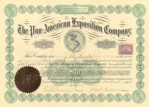 Pan-American Exposition Co - Signed by John George Milburn - 1900 dated Autograph Stock Certificate - Location of Assassination of President William McKinley