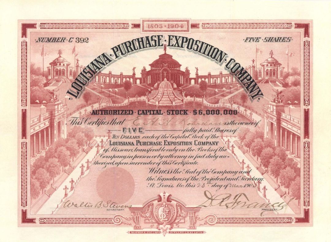 Louisiana Purchase Exposition Co. - 1902-1904 dated Stock Certificate