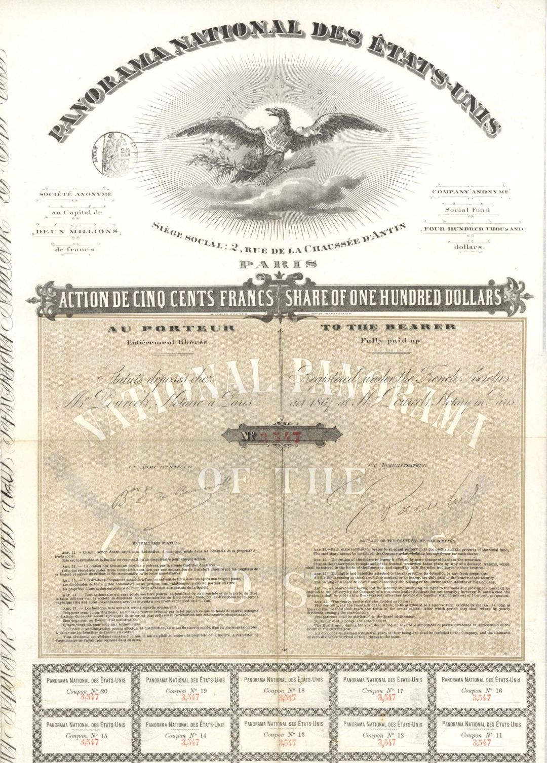 Panorama National Des Etats-Unis - 1867 dated Stock Certificate