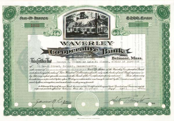 Waverley Co-operative Bank - Stock Certificate