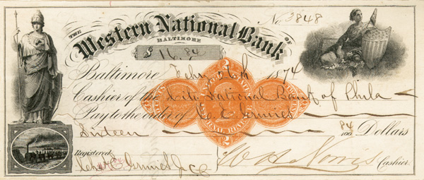 Western National Bank - 1874 dated Baltimore Check - Americana