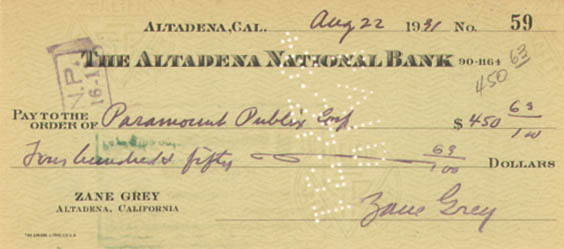 Zane Grey signed Check - 1931 or 1932 dated Autograph Check