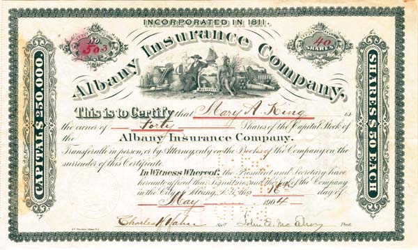 Albany Insurance Co. - Stock Certificate