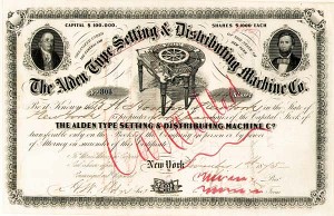 Alden Type Setting and Distributing Machine Co - Stock Certificate