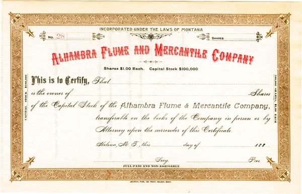 Alhamba Flume and Mercantile Co. - Stock Certificate