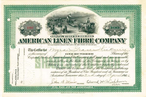 American Linen Fibre Co. - Stock Certificate