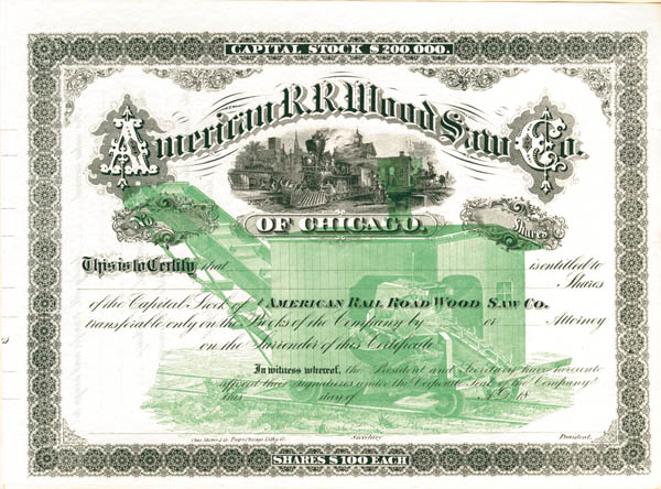 American Rail Road Wood Saw Co - Stock Certificate