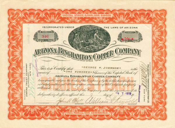 Arizona Binghamton Copper Co. - Stock Certificate (Uncanceled)