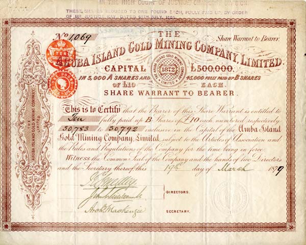 Aruba Island Gold Mining Co. Limited - Stock Certificate