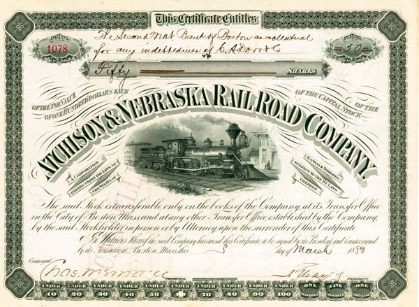 Atchison and Nebraska Railroad - Stock Certificate