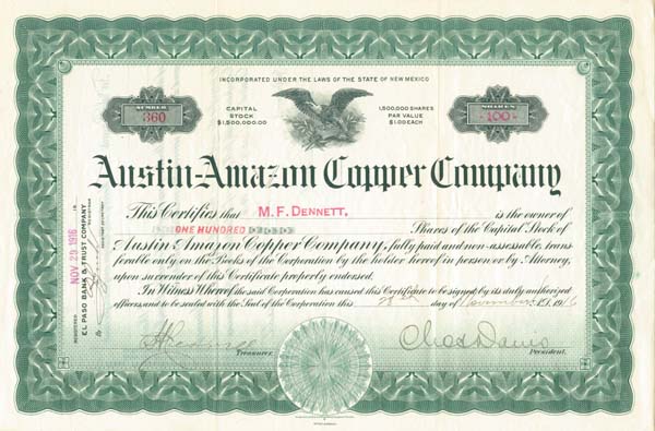 Austin Amazon Copper Company Stock Certificate