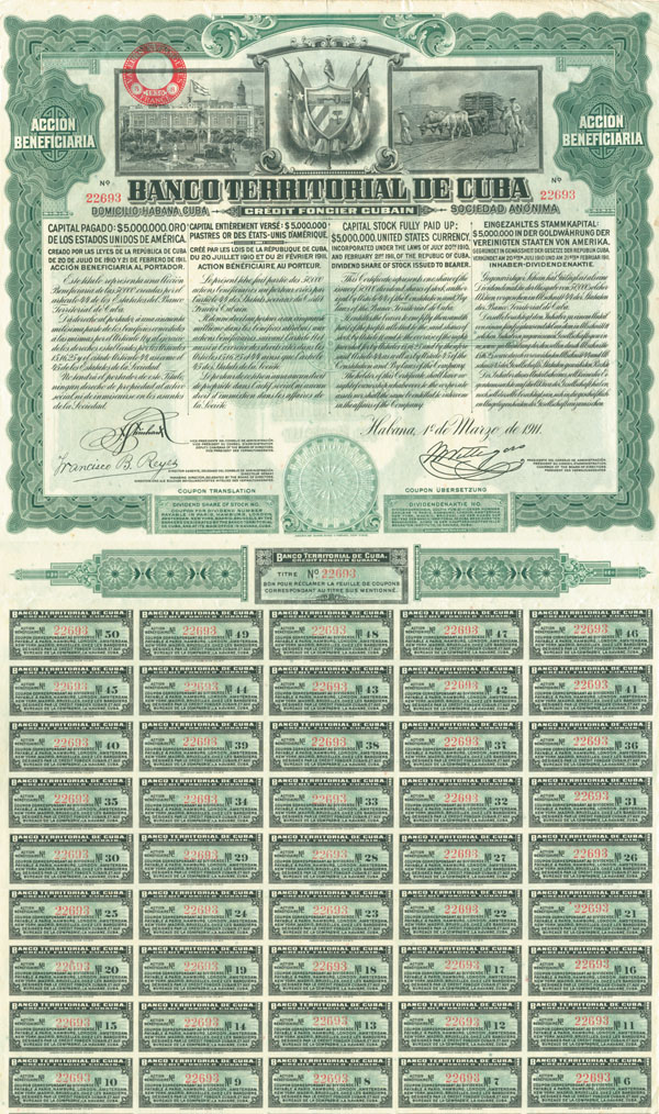 Banco Territorial de Cuba - Stock Certificate (Uncanceled)