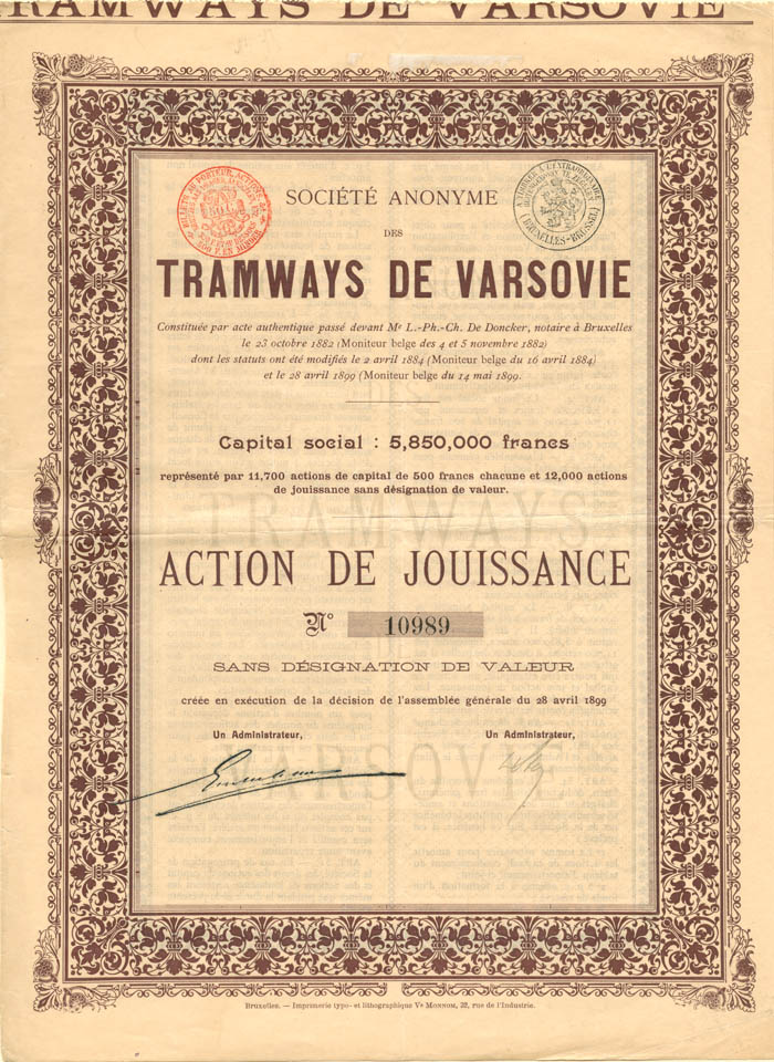 Tramways de Varsovie - Belgian Stock Certificate