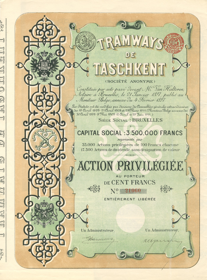 Russia - Tramways De Taschkent - 1897 dated Stock Certificate