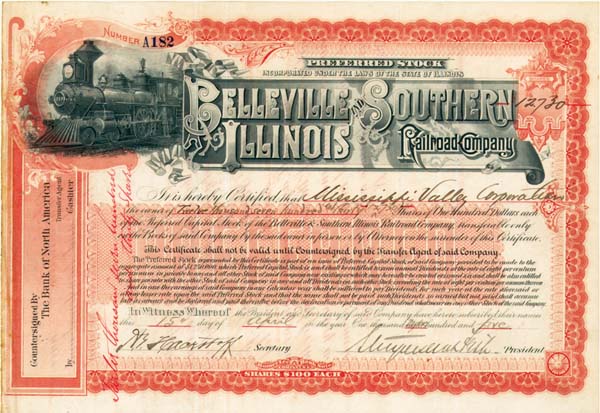 Stuyvesant Fish - Belleville and Southern Illinois Railroad - Stock Certificate