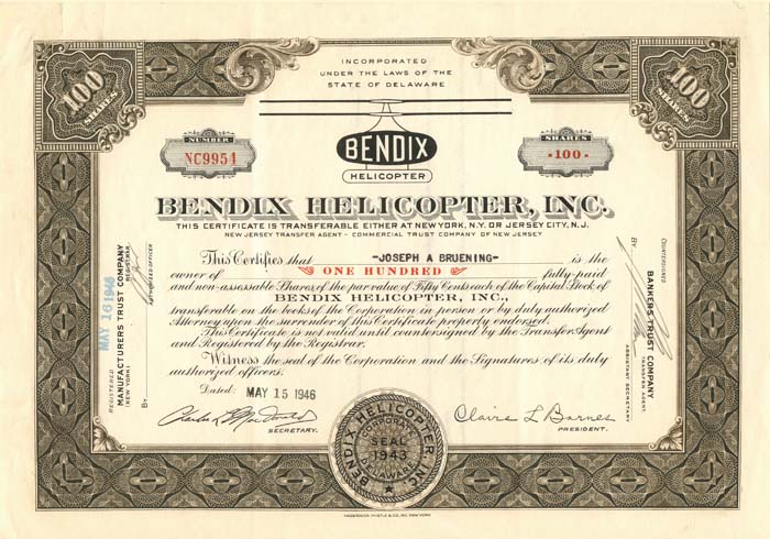 Bendix Helicopter, Inc. - Stock Certificate