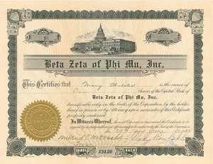 Beta Zeta of Phi Mu, Inc - Stock Certificate