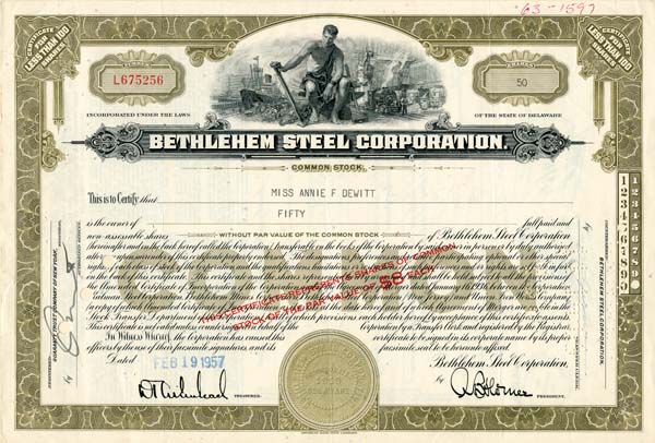 Bethlehem Steel Corporation - 1957 dated Stock Certificate