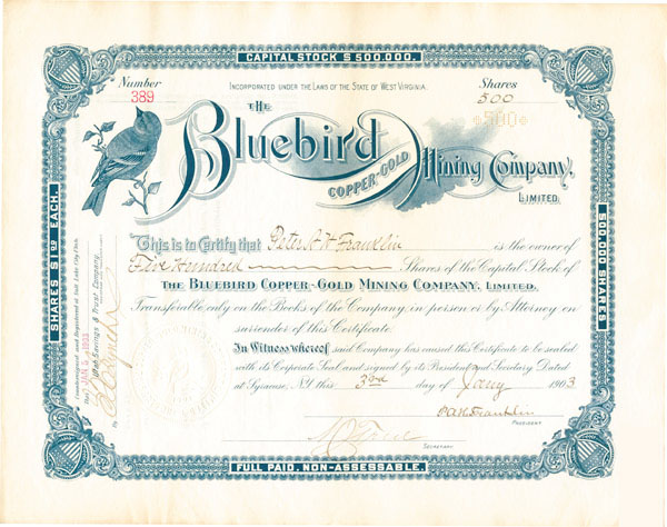 Bluebird Copper-Gold Mining Co. - Stock Certificate