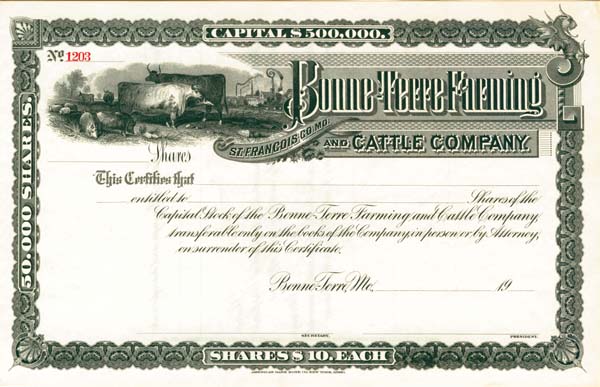 Bonne-Terre Farming and Cattle Co. - Unissued Cattle Stock Certificate