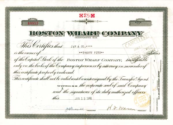 Boston Wharf Co. - Stock Certificate