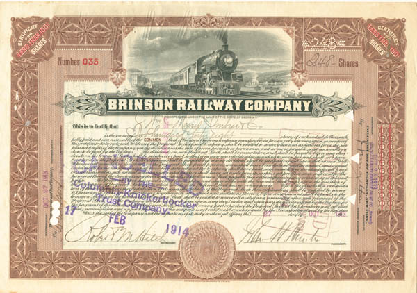 Brinson Railway Co. - 1913 dated Railroad Stock Certificate