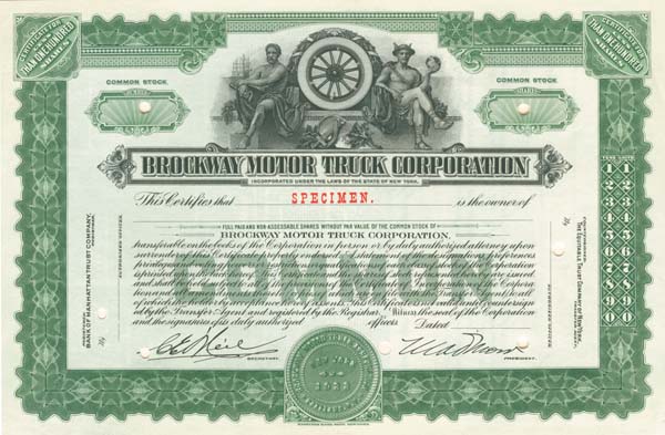 Brockway Motor Truck Corporation - Stock Certificate