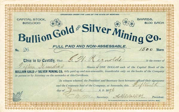 Bullion Gold and Silver Mining Co. - Stock Certificate