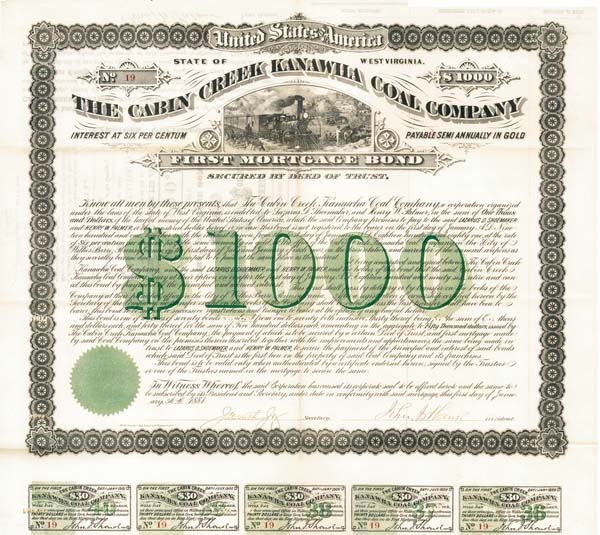 Cabin Creek Kanawha Coal Co. - 1881 dated $1,000 Mining Bond