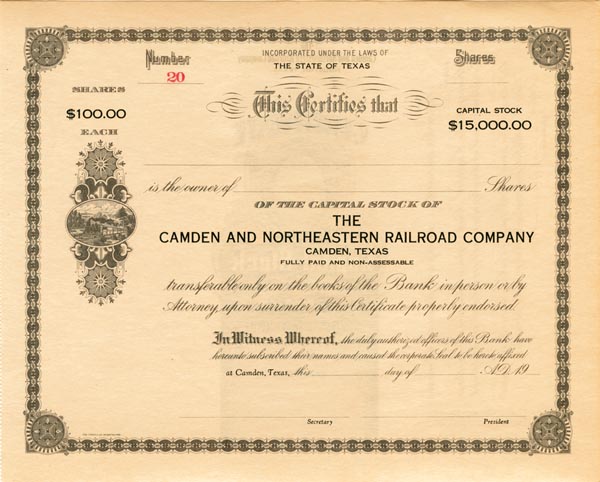 Camden and Northeastern Railroad Co. - Stock Certificate