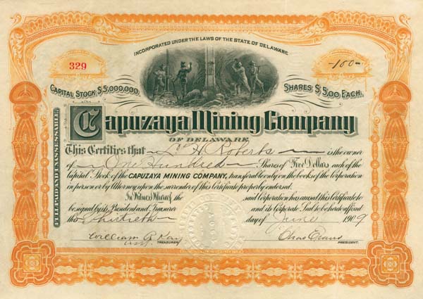 Capuzaya Mining Co. of Delaware - Stock Certificate