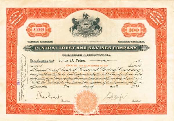 Central Trust and Savings Co. - Stock Certificate