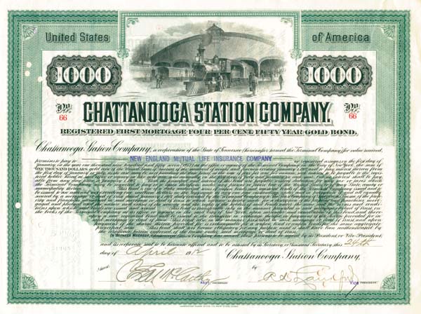 Chattanooga Station Co. - 1912 dated $1,000 Railroad Gold Bond