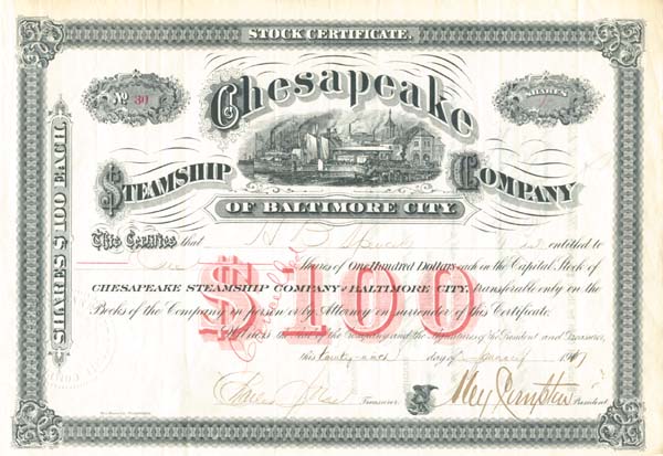 Chesapeake Steamship Co. of Baltimore City - Shipping Stock Certificate