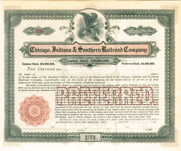 Chicago, Indiana and Southern Railroad Co. - Stock Certificate