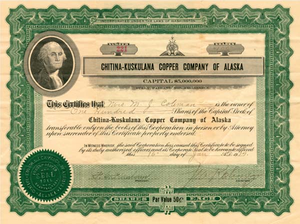 Chitina-Kuskulana Copper Co. of Alaska - 1917 dated Alaskan Mining Stock Certificate