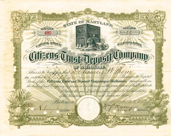 Citizens Trust and Deposit Co. of Baltimore, Maryland - Stock Certificate