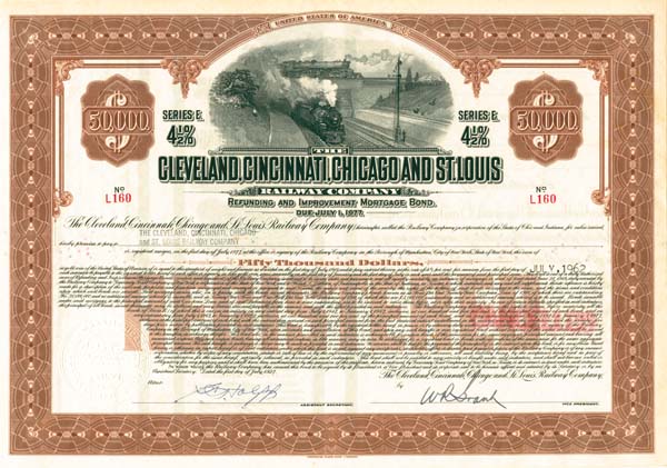 Cleveland, Cincinnati, Chicago and St. Louis Railway - 1927 dated Railroad Bond