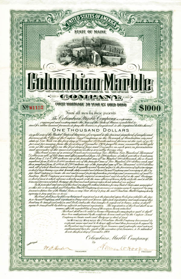 Columbian Marble Co. - $1,000 - Bond (Uncanceled)