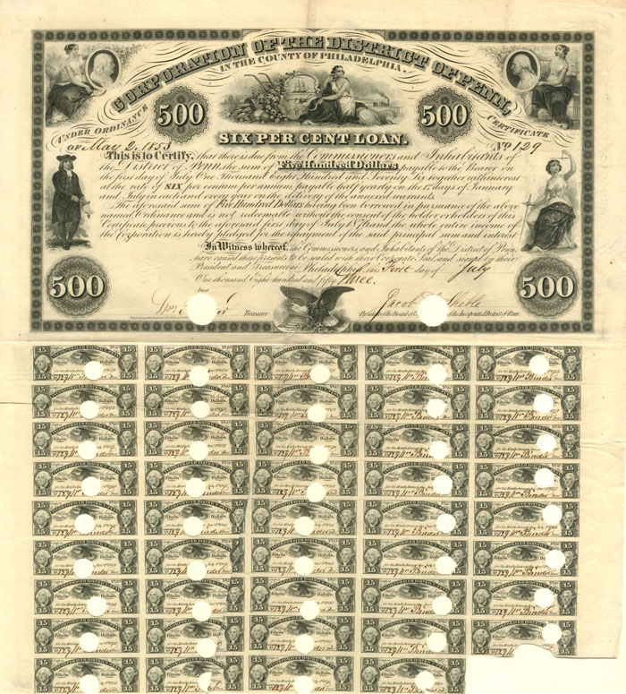 Corporation of the District of Pennsylvania - 1853 dated $500 Bond