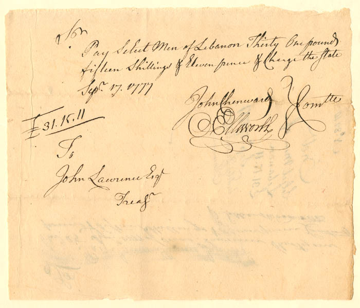 Oliver Ellsworth signed Revolutionary War Pay Order - 1770's dated Revolutionary War Document