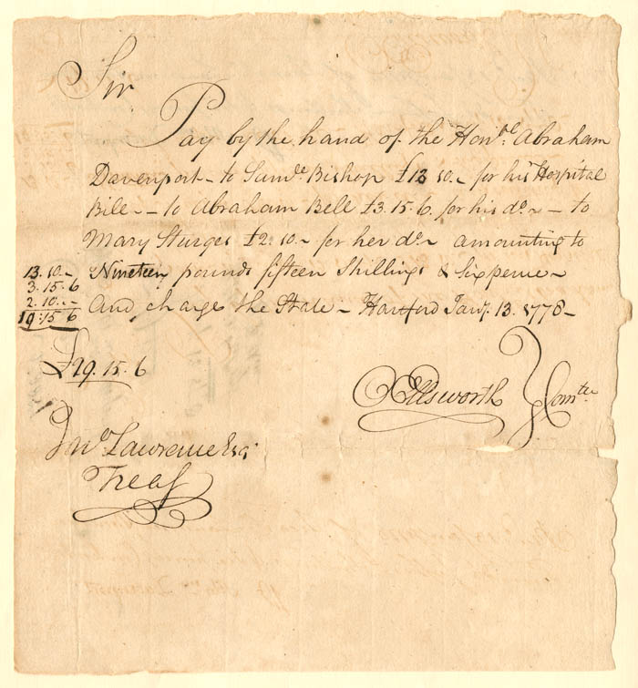 Oliver Ellsworth signed Revolutionary War Pay Order