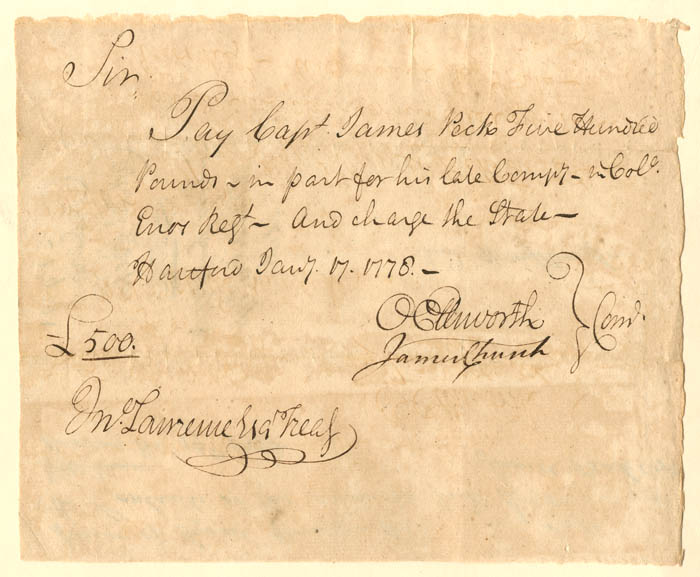 Oliver Ellsworth signed Revolutionary War Pay Order